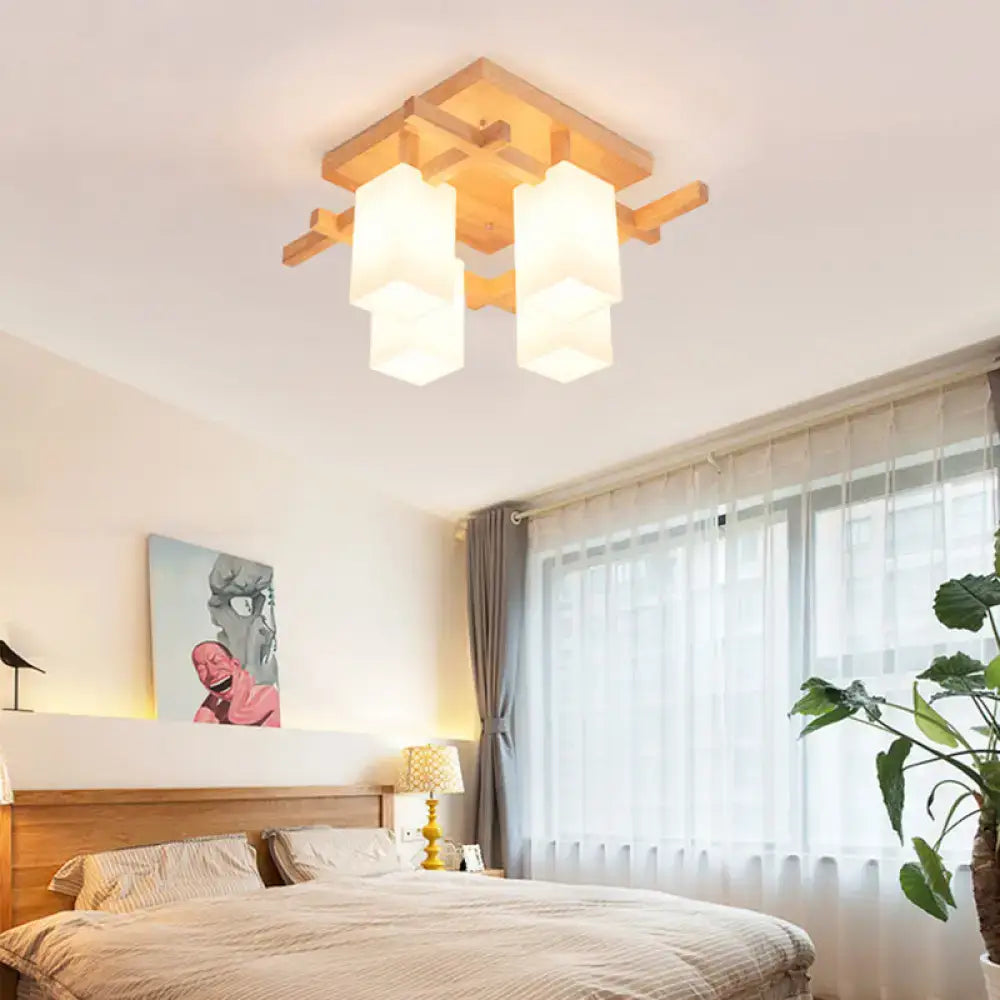 Modern square wood living room flush mount with white glass shade