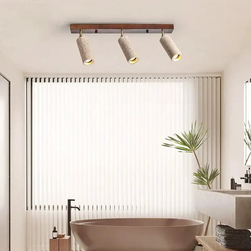 Modern stone & wood 3-head led ceiling spotlight for living room