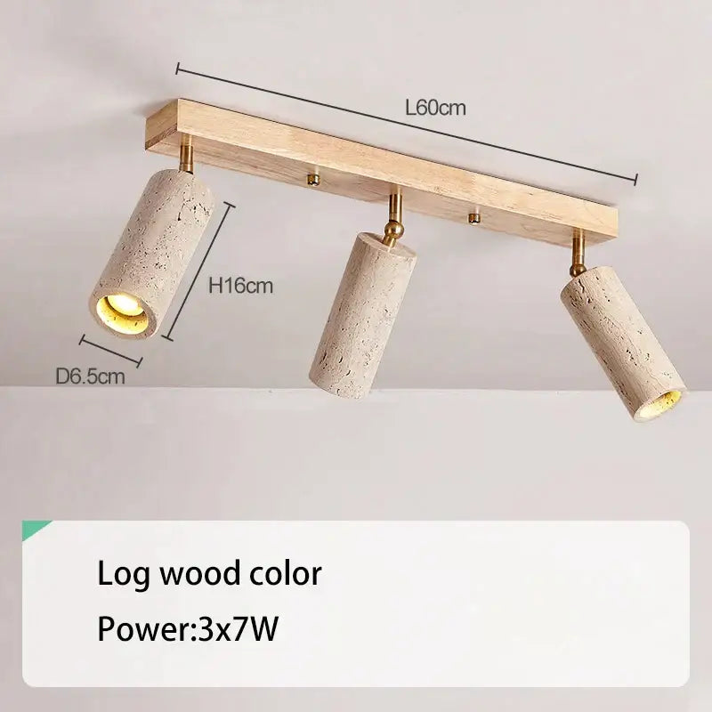Modern stone & wood 3-head led ceiling spotlight for living room