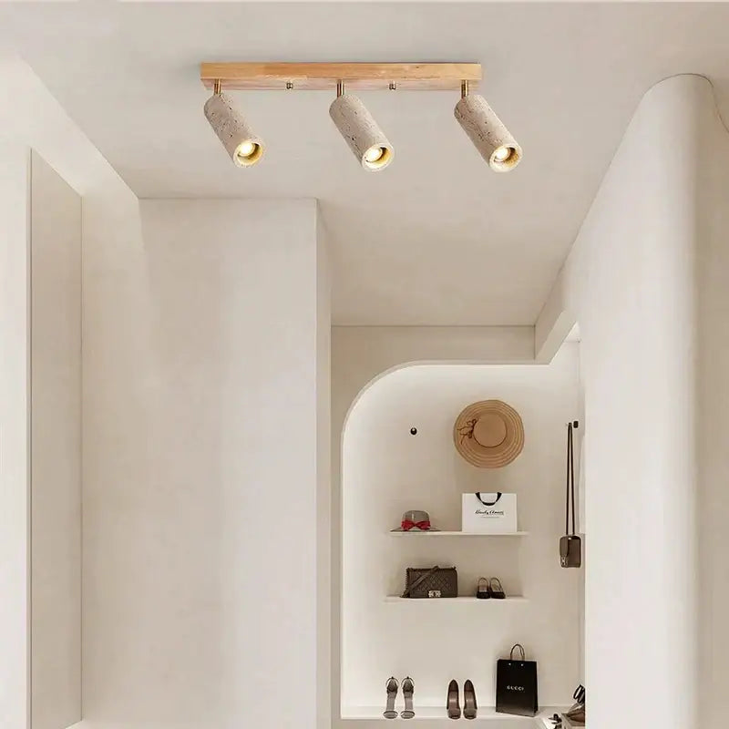Modern stone & wood 3-head led ceiling spotlight for living room