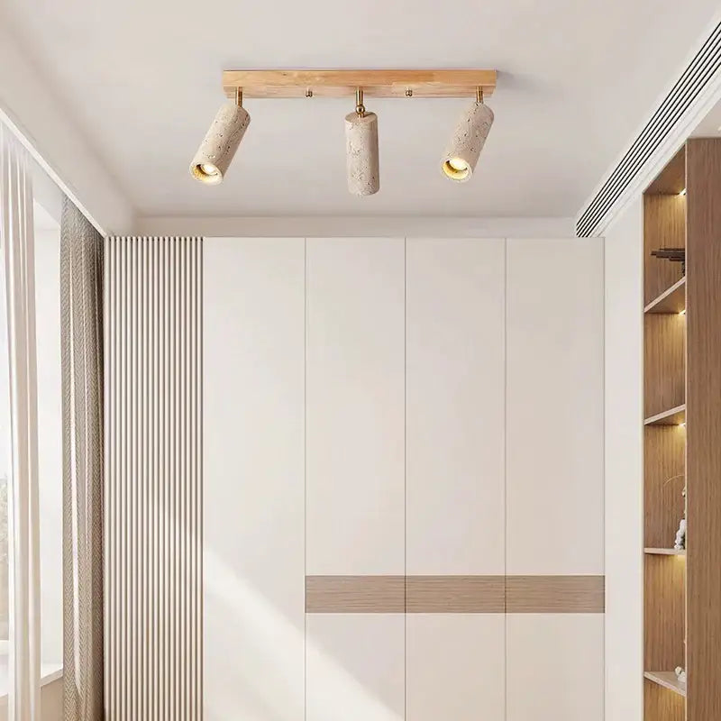 Modern stone & wood 3-head led ceiling spotlight for living room