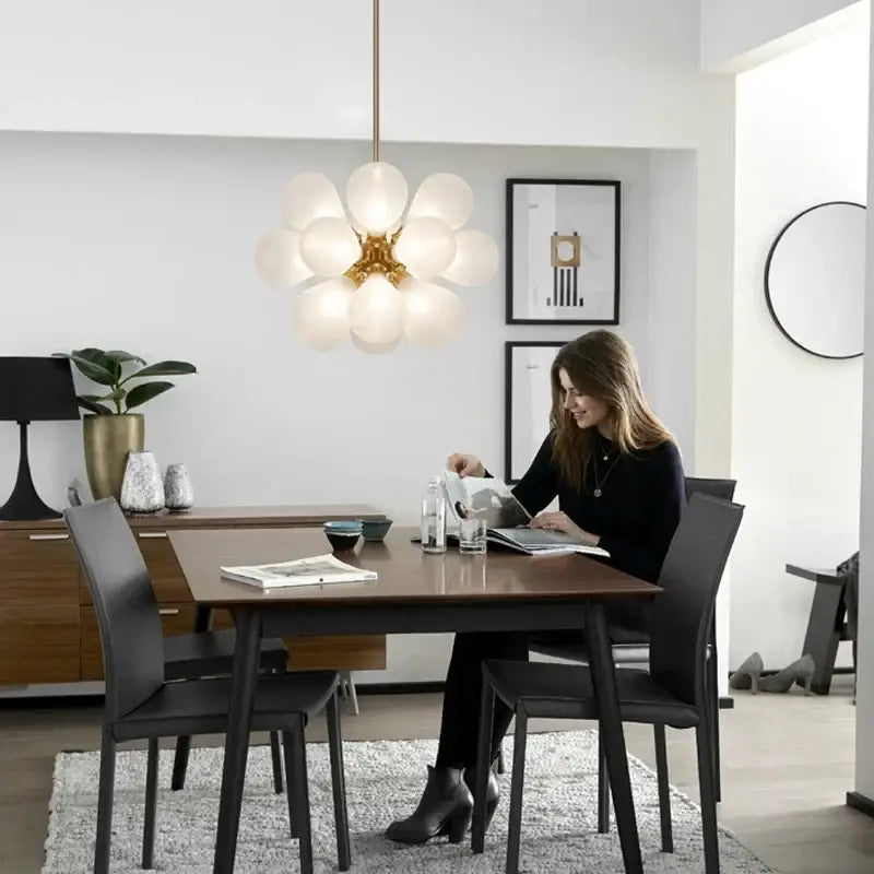Modern teal and brass glass bubble chandelier living room pendant light
