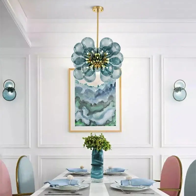 Modern teal and brass glass bubble chandelier living room pendant light