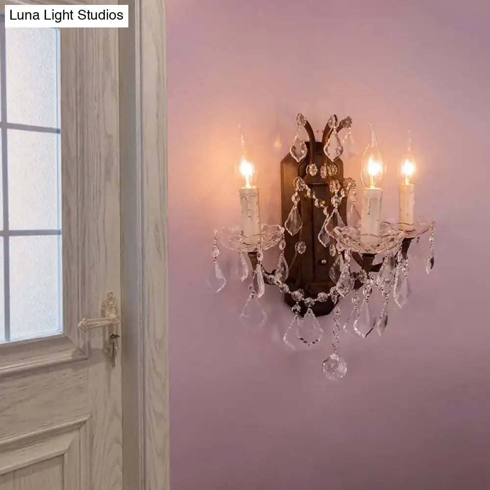 DecorBites™ Modern Teardrop Crystal Candelabra Sconce Light - White Wall Mount with Rust Backplate (3 Lights)