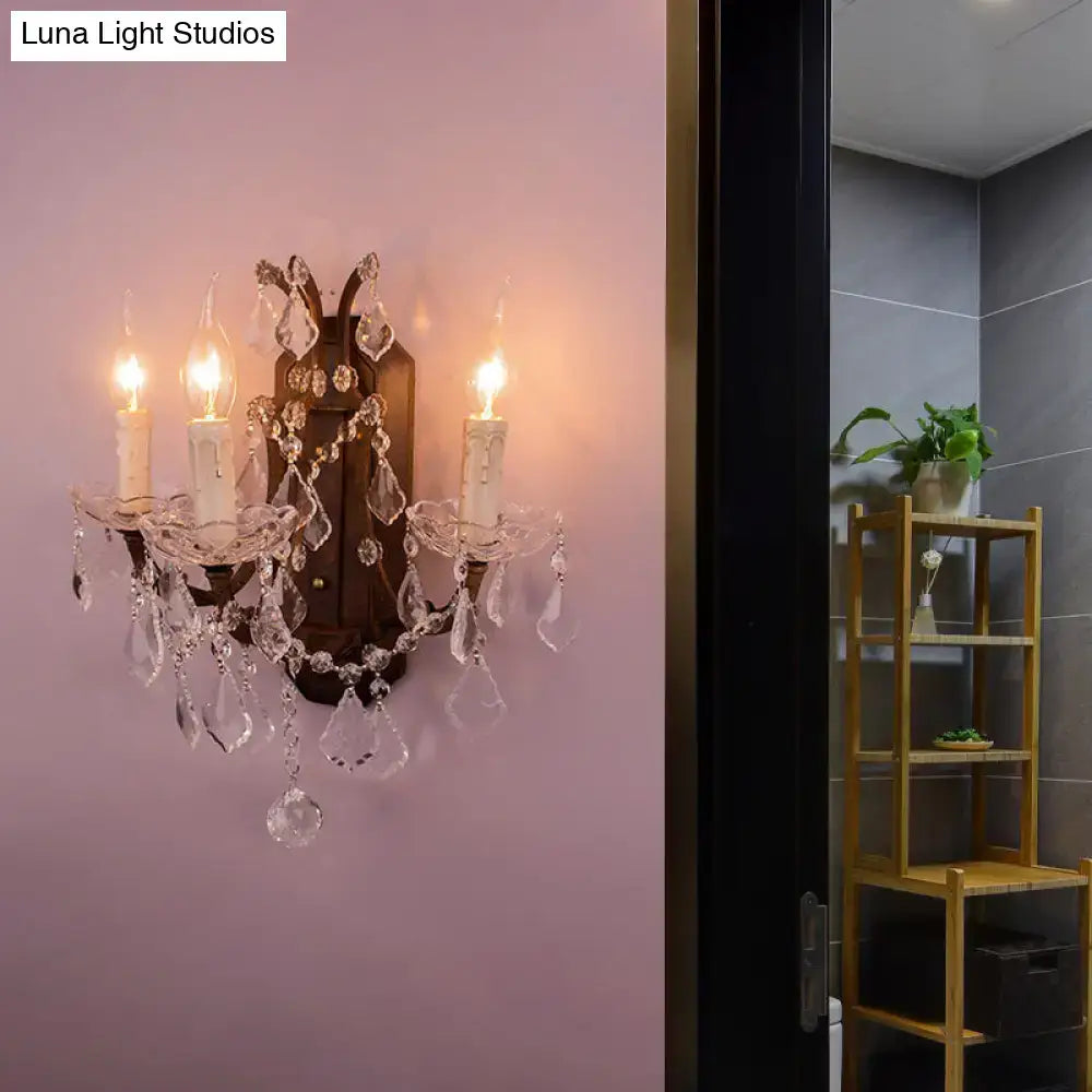 DecorBites™ Modern Teardrop Crystal Candelabra Sconce Light - White Wall Mount with Rust Backplate (3 Lights)