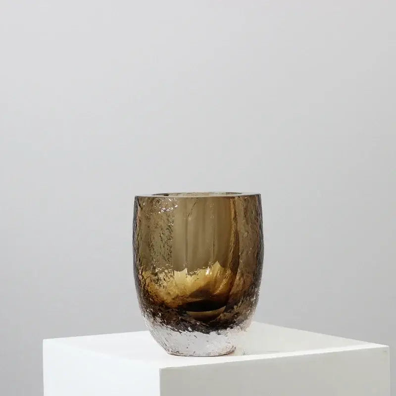 DecorBites™ Brown Glazed Glass Vase Hammer Cut Decorative Handicraft Flower Arrangement Ornaments