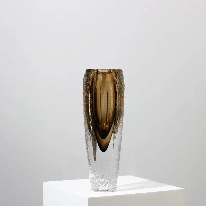 DecorBites™ Brown Glazed Glass Vase Hammer Cut Decorative Handicraft Flower Arrangement Ornaments