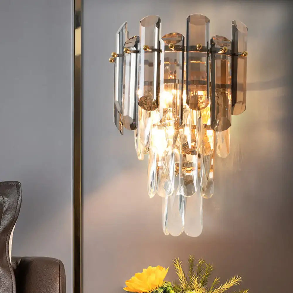 Modern tiered clear & smoke grey crystal wall sconce bedroom light