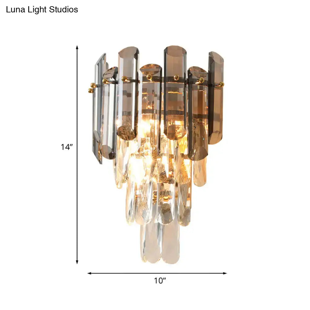 Modern tiered clear & smoke grey crystal wall sconce bedroom light