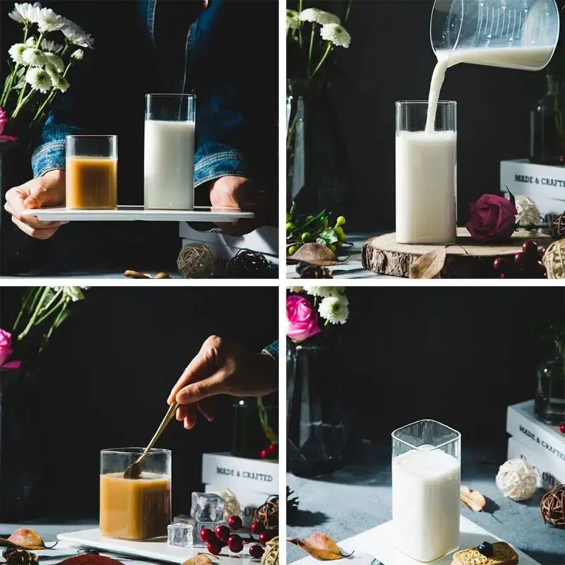 DecorBites™ 370ml Transparent Glass Square Tea Milk Cup - Temperature Resistant Juice Cup