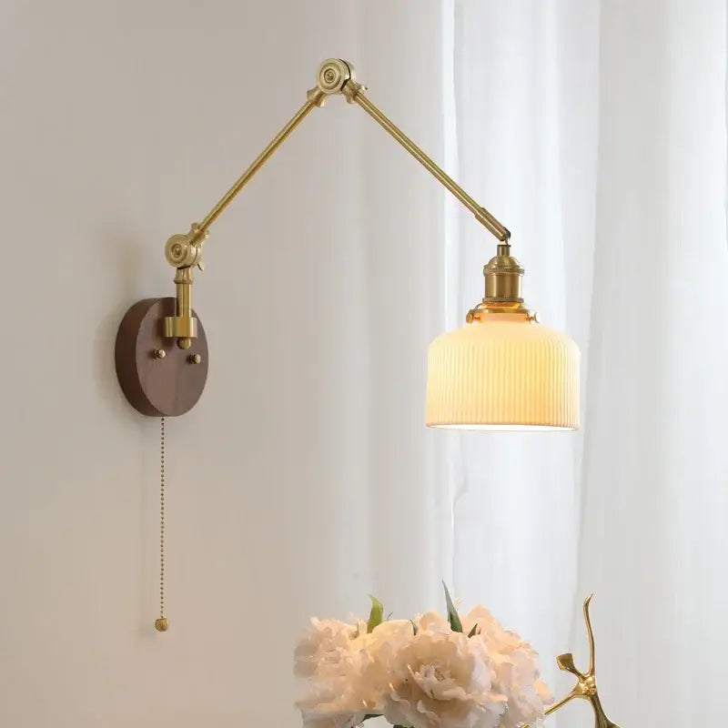 Modern walnut & brass led wall light bedroom glass sconce