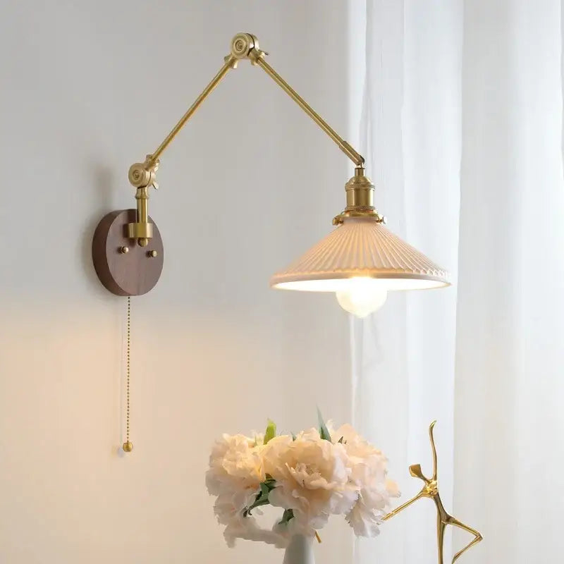 Modern walnut & brass led wall light bedroom glass sconce