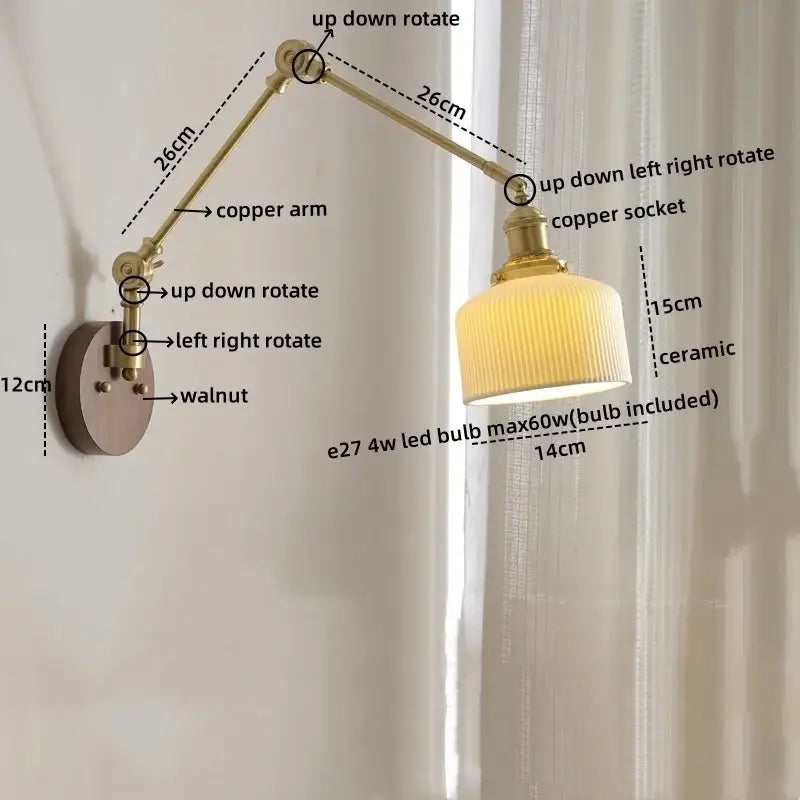 Modern walnut & brass led wall light bedroom glass sconce