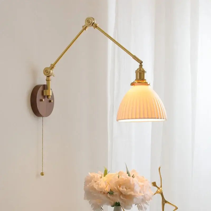 Modern walnut & brass led wall light bedroom glass sconce