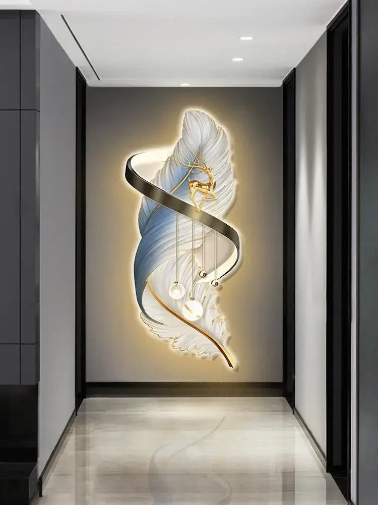 Modern white and gold feather led wall lamp bedroom sculpture