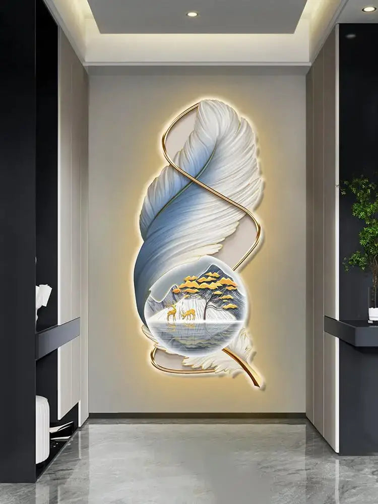 Modern white and gold feather led wall lamp bedroom sculpture