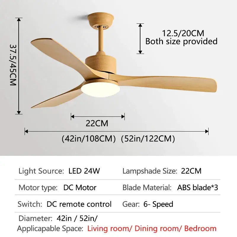 Modern white and wood blade dc ceiling fan with led light bedroom