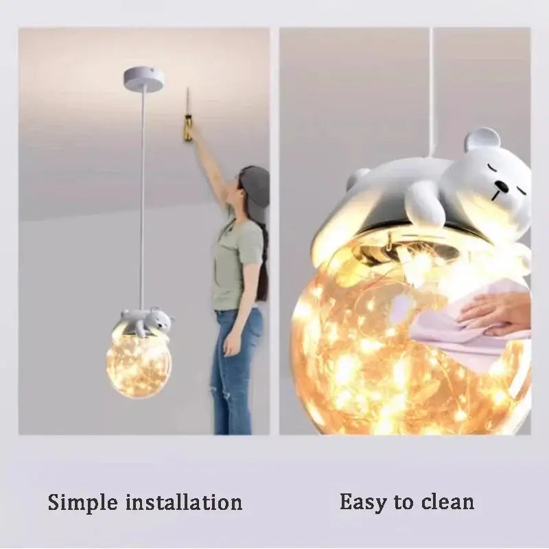 Modern white bear glass children room chandelier bedroom fairy light