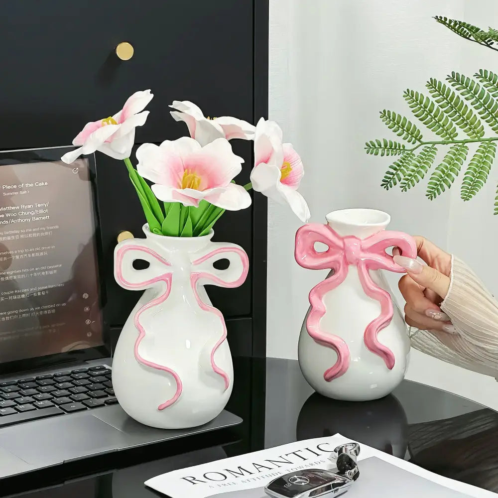 DecorBites™ 3D Ribbon Ceramic Vase with Cute Bow - Home Floral Decoration