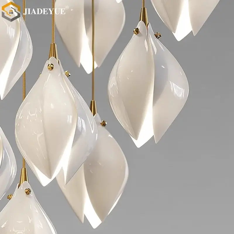 Modern white & gold leaf ceramic led staircase pendant light dining room