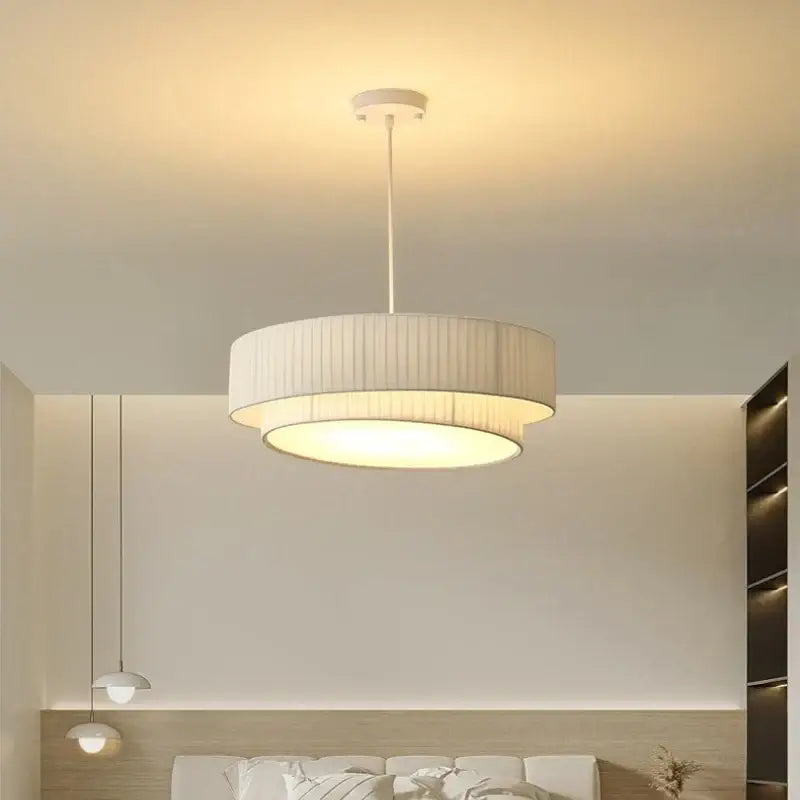 DecorBites™ Creamy Style E27 Chandelier Bedroom Pendant Lights: Minimalist White Fabric LED Lamps