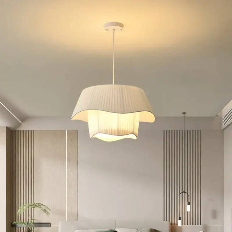 DecorBites™ Creamy Style E27 Chandelier Bedroom Pendant Lights: Minimalist White Fabric LED Lamps