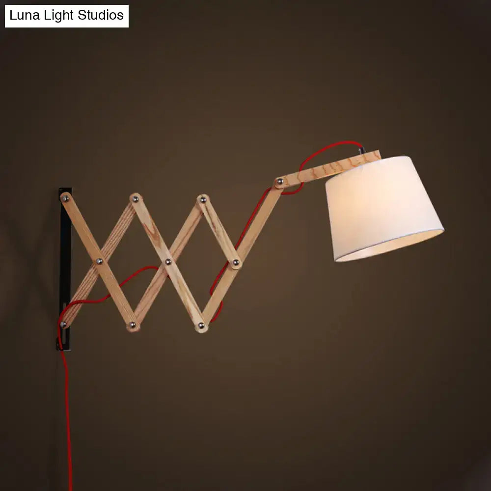 Modern wood accordion sconce with white fabric shade bedroom light