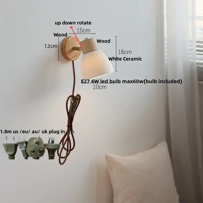 Modern wood and ribbed glass wall light fixture bedroom sconce