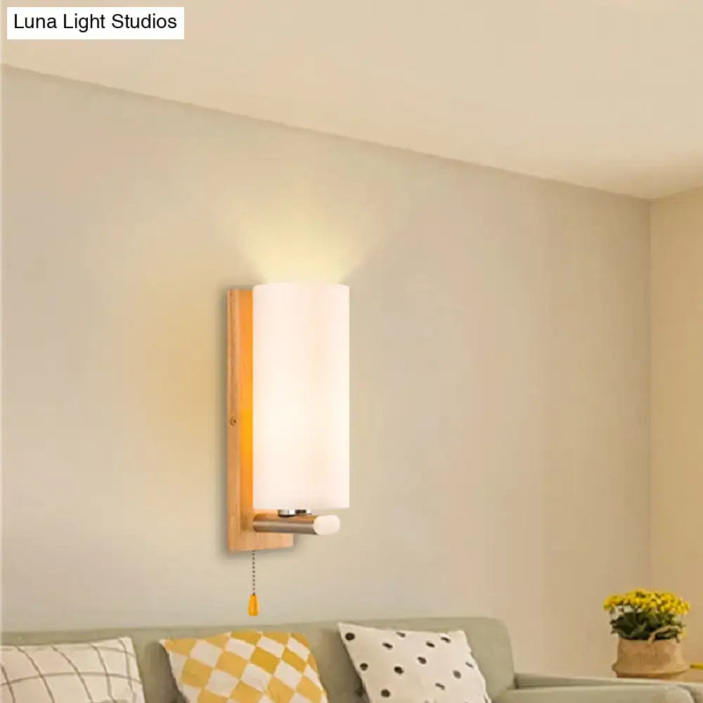 Modern wood and white glass wall sconce bedroom pull chain light