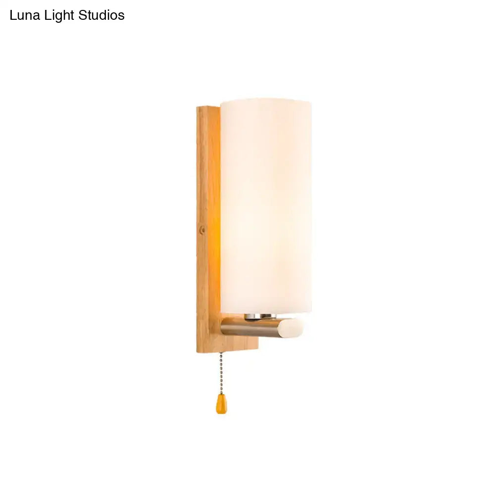 Modern wood and white glass wall sconce bedroom pull chain light