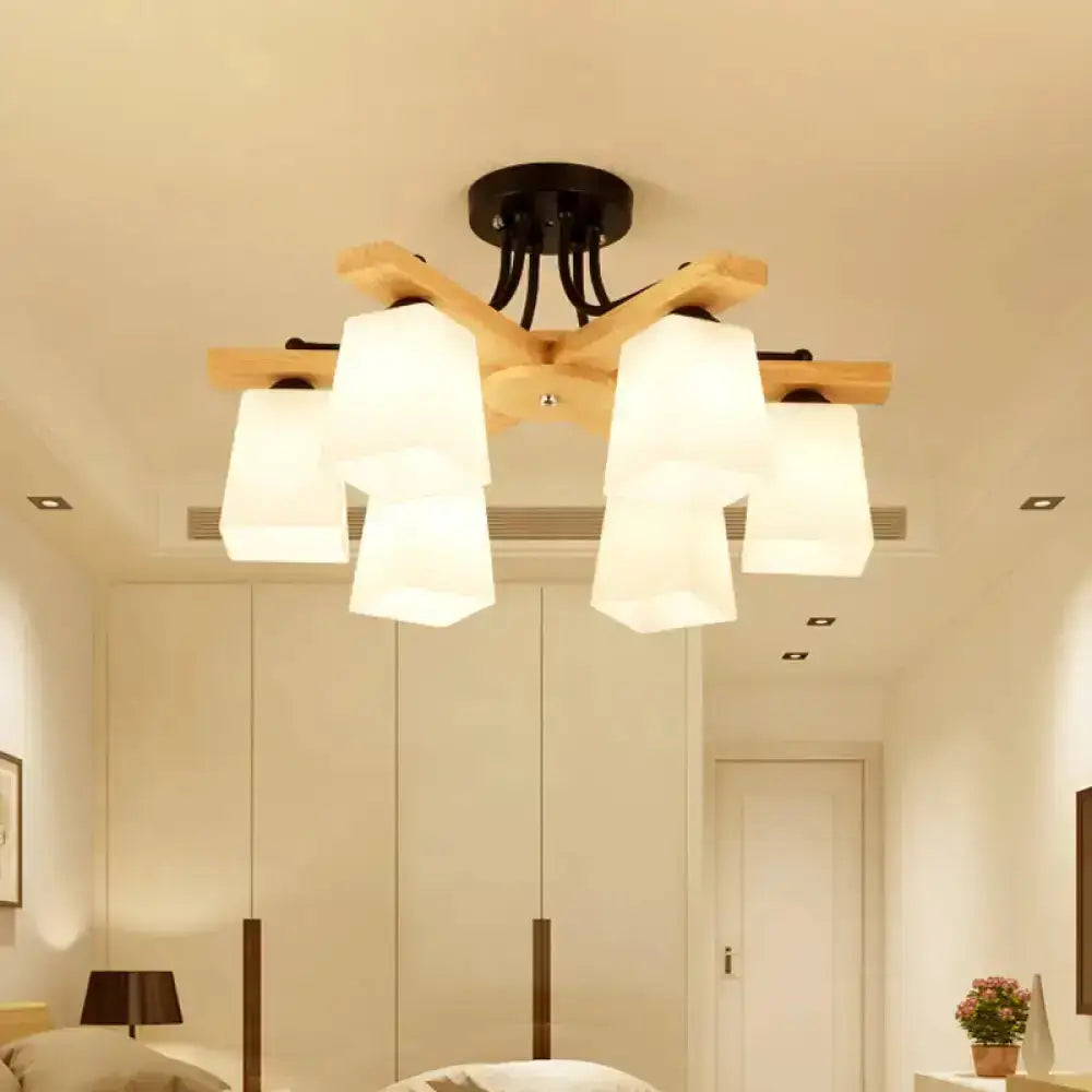Modern wood & black semi flush mount milk glass shade living room light