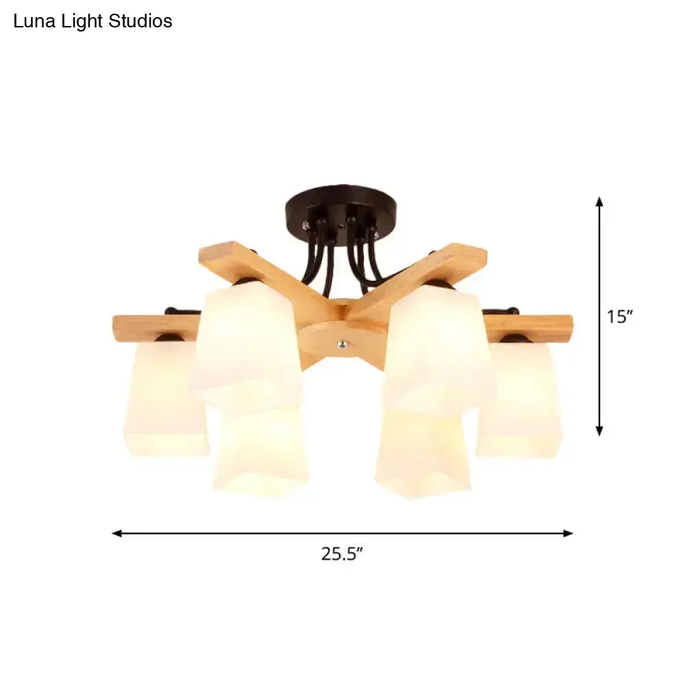 Modern wood & black semi flush mount milk glass shade living room light