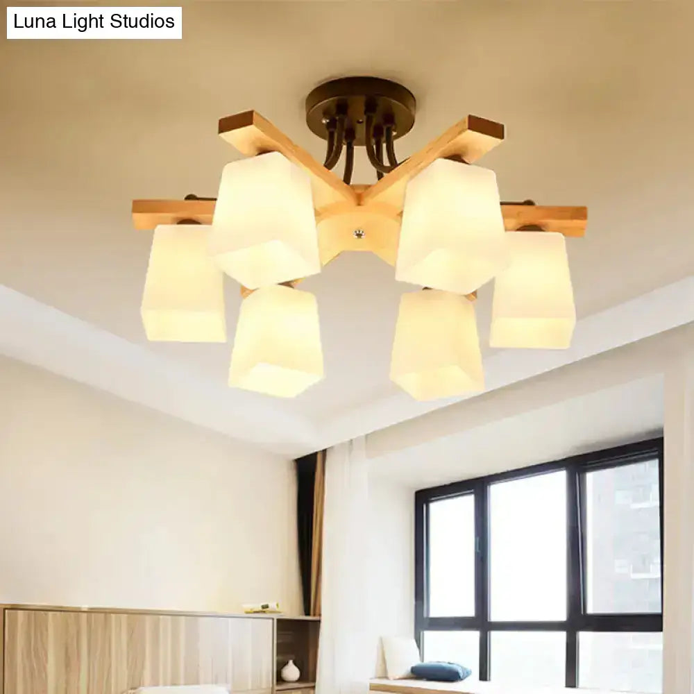 Modern wood & black semi flush mount milk glass shade living room light