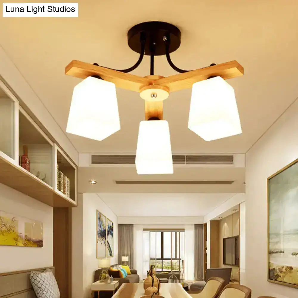 Modern wood & black semi flush mount milk glass shade living room light