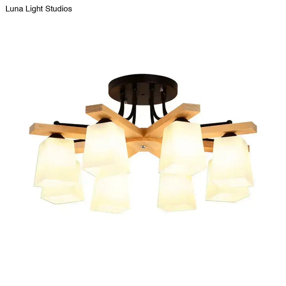 Modern wood & black semi flush mount milk glass shade living room light