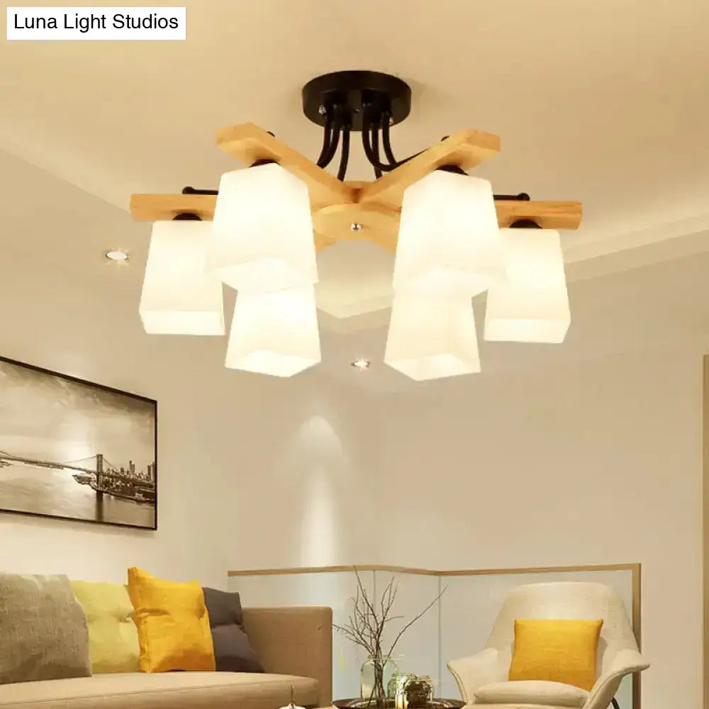 Modern wood & black semi flush mount milk glass shade living room light