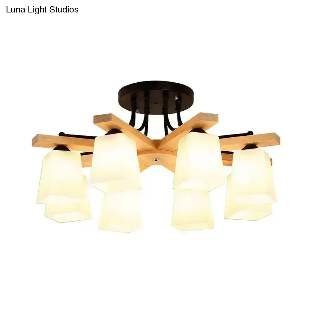 Modern wood & black semi flush mount milk glass shade living room light