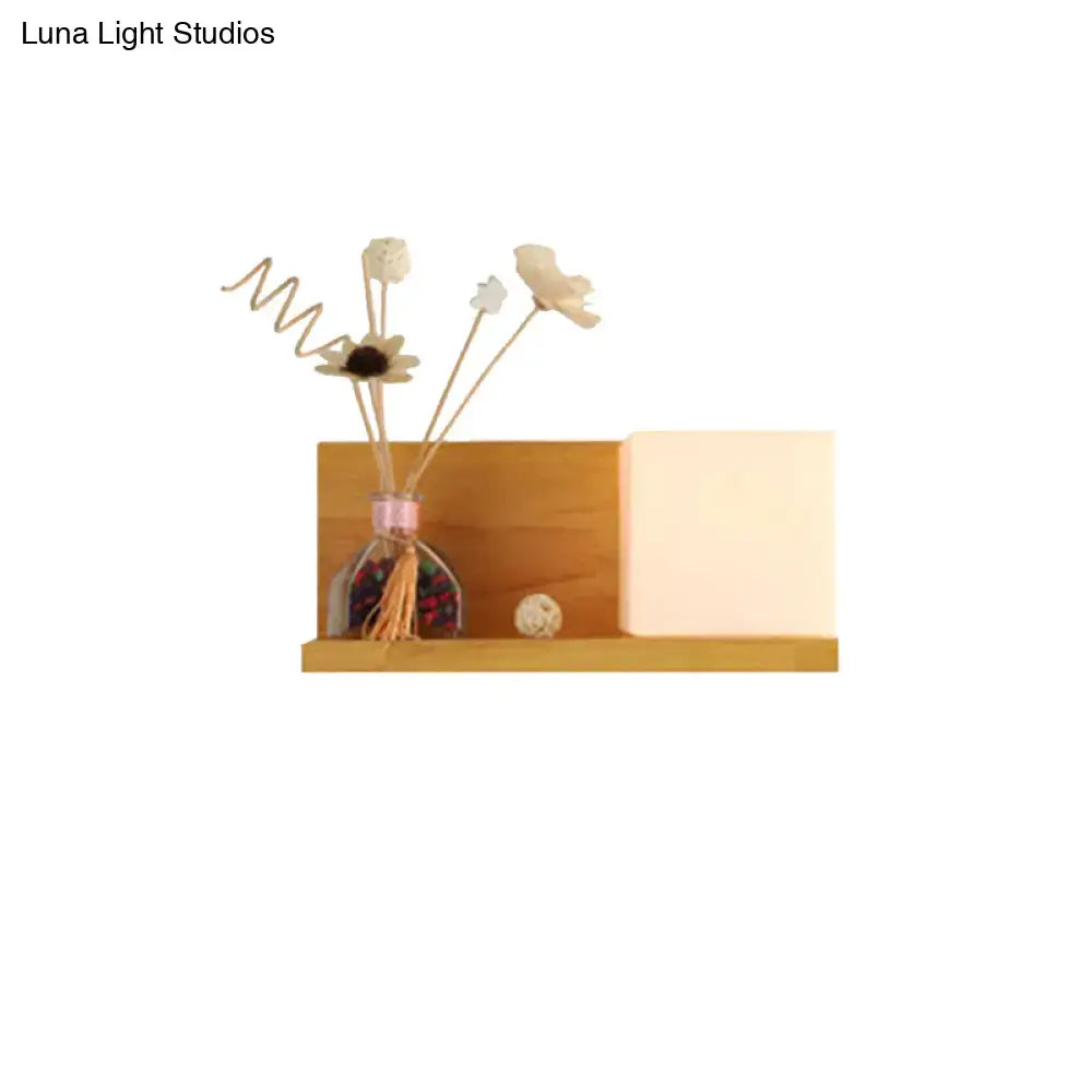 Modern wood floating shelf with beige wall lamp – bedroom sconce light