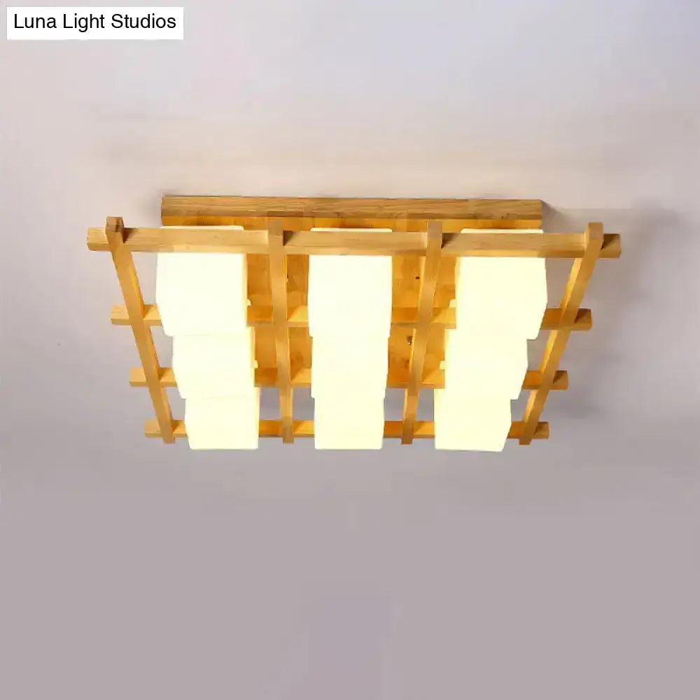 Modern wood grid semi flush mount – living room glass ceiling light