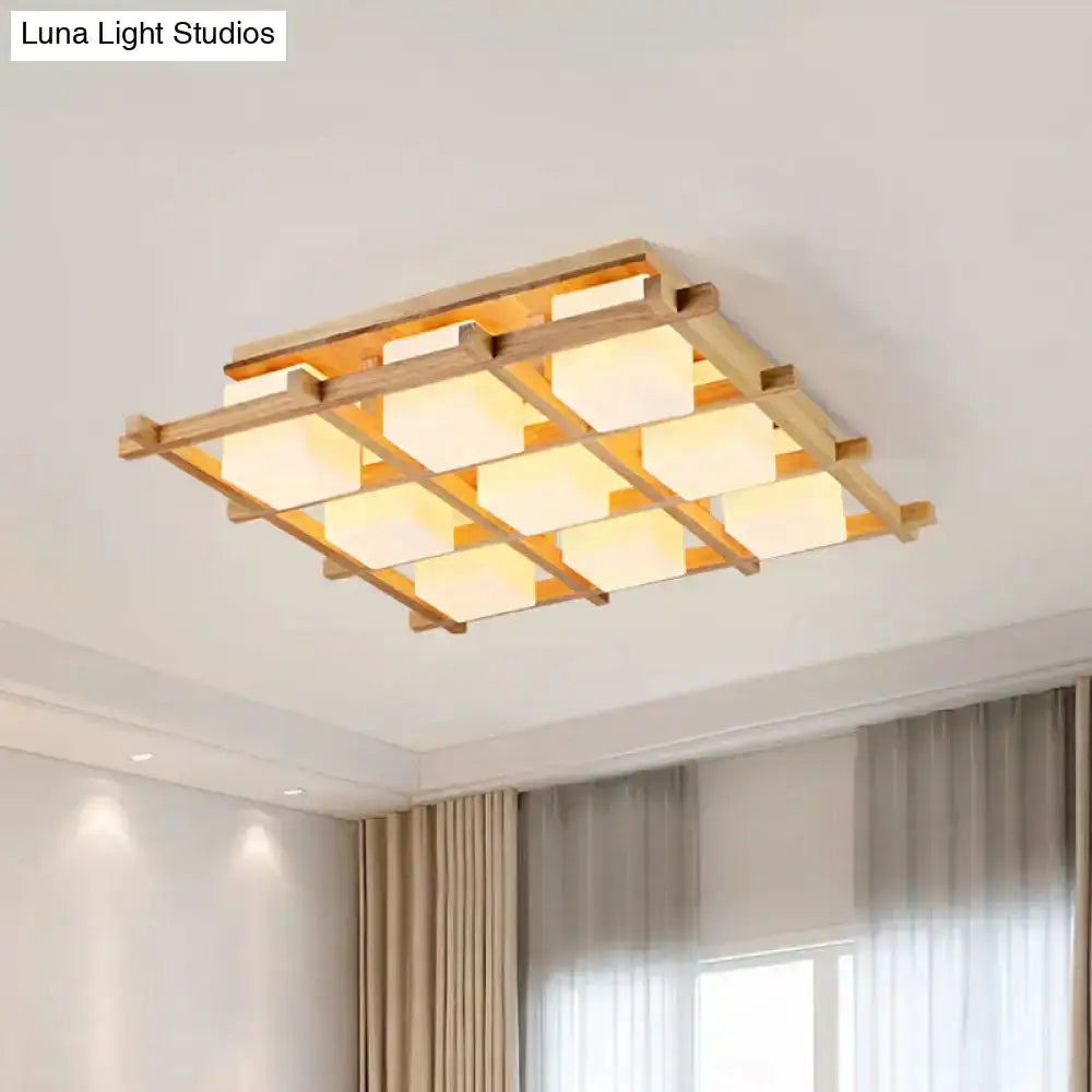 Modern wood grid semi flush mount – living room glass ceiling light