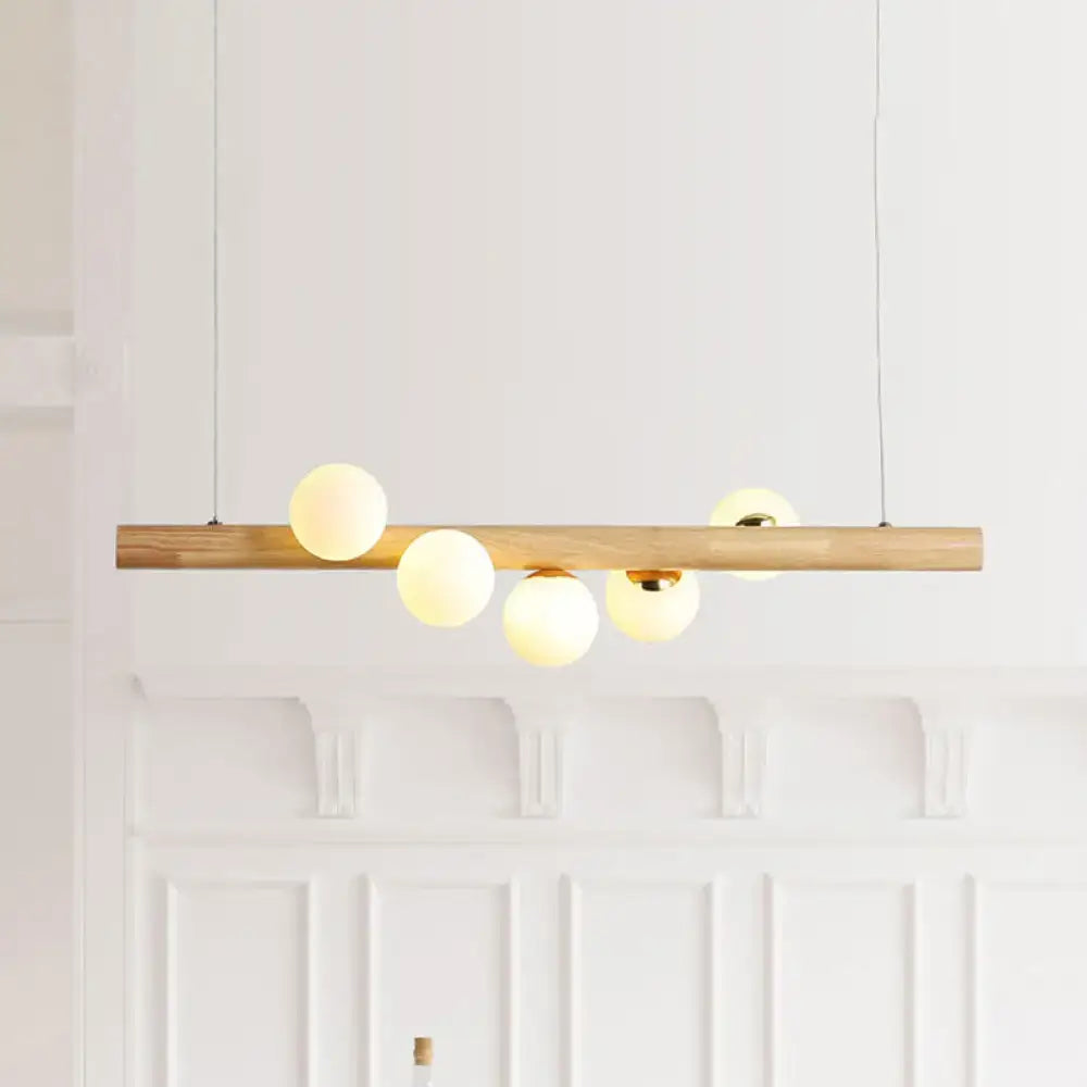 DecorBites™ Modern Wood Island Light with Spherical Shade - Opal Glass Ceiling Lamp (5/7 Lights) for Dining Room