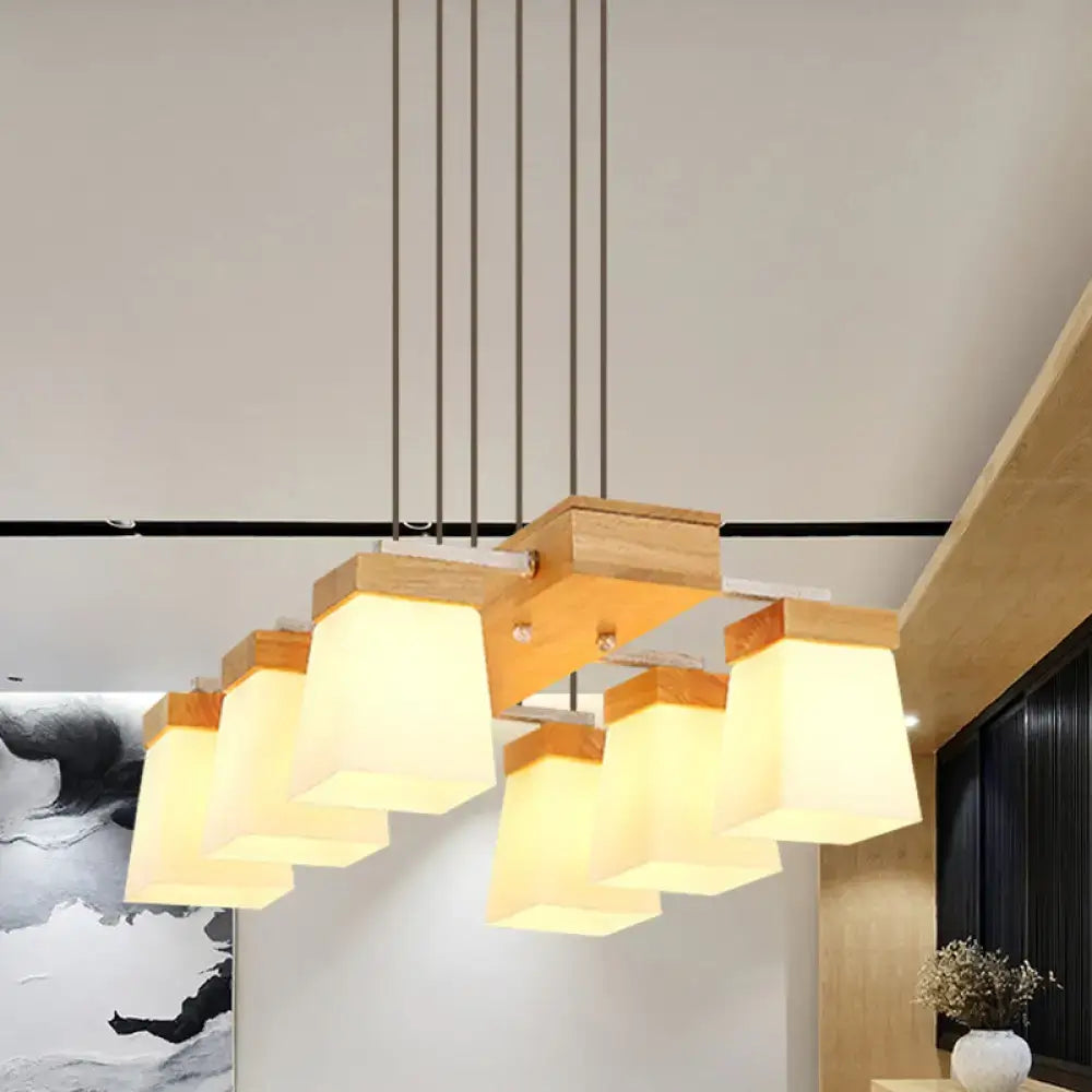 DecorBites™ Modern Trapezoid Island Lighting with White Frosted Glass - 6-Head Dining Room Suspension Lamp and Wood Shelf