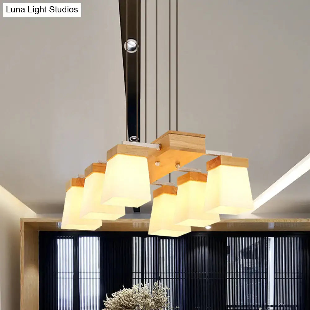 DecorBites™ Modern Trapezoid Island Lighting with White Frosted Glass - 6-Head Dining Room Suspension Lamp and Wood Shelf