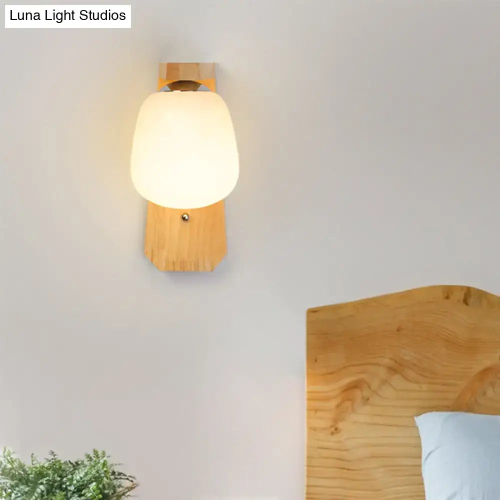 DecorBites™ Modern Nordic Wooden Wall Lamp with Milky Glass Bud Shape & Right Angled Arm - 1 Bulb Wall Light
