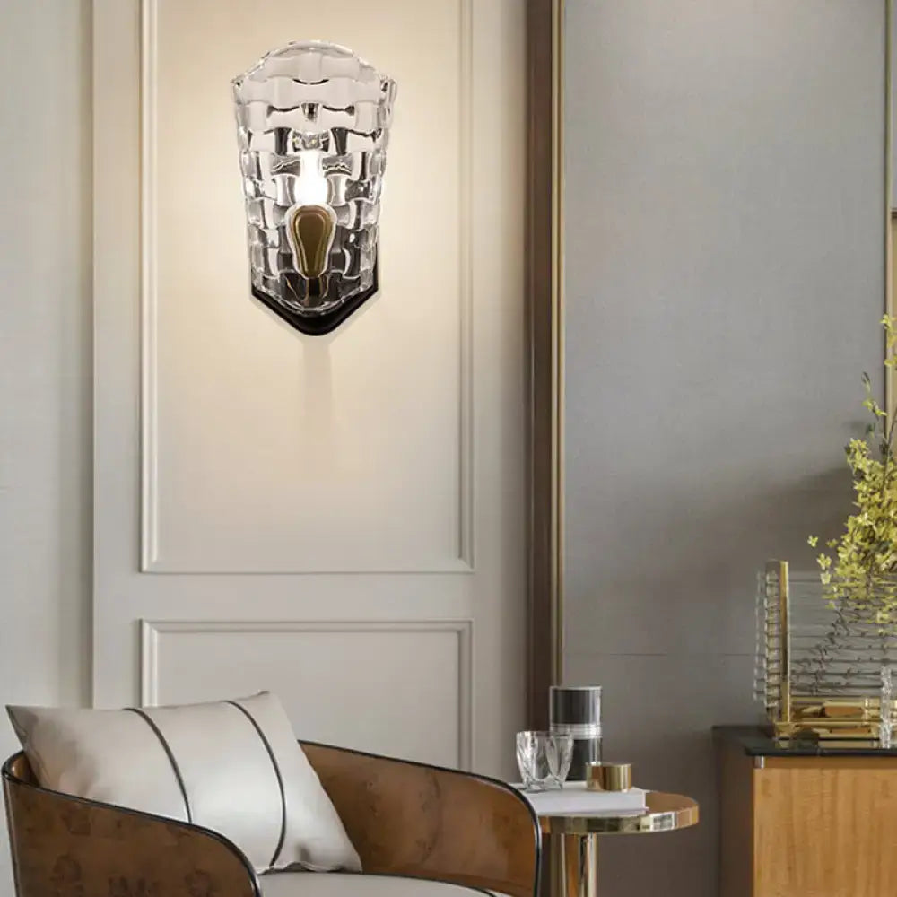DecorBites™ Black Modernist Wall Sconce with Curved Metal Arm and Clear Crystal Panel