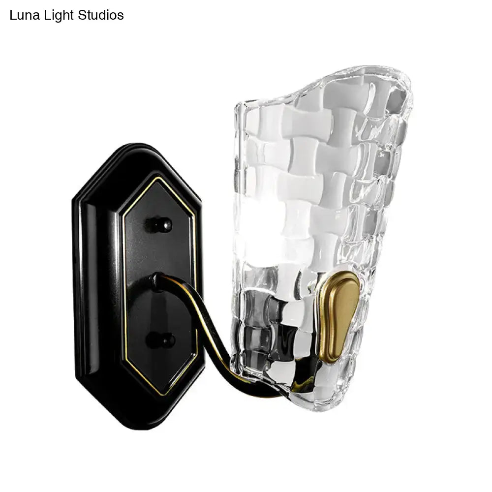 DecorBites™ Black Modernist Wall Sconce with Curved Metal Arm and Clear Crystal Panel