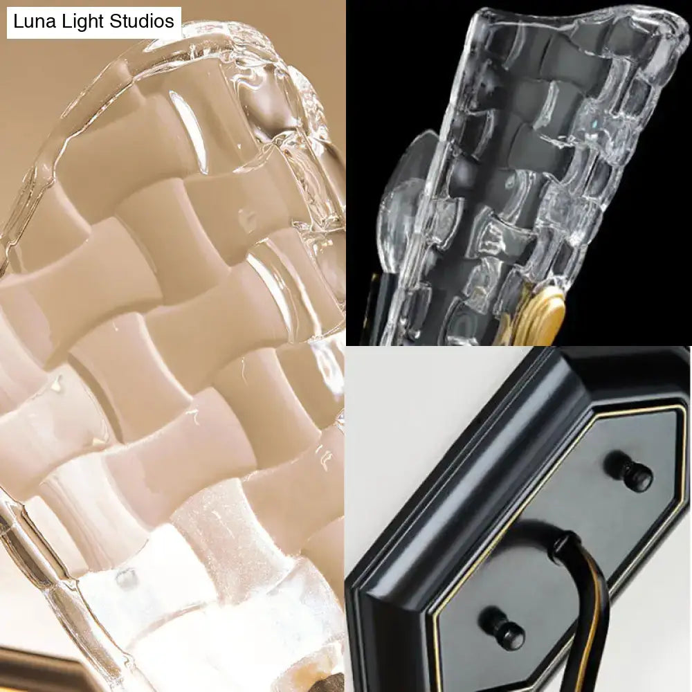 DecorBites™ Black Modernist Wall Sconce with Curved Metal Arm and Clear Crystal Panel