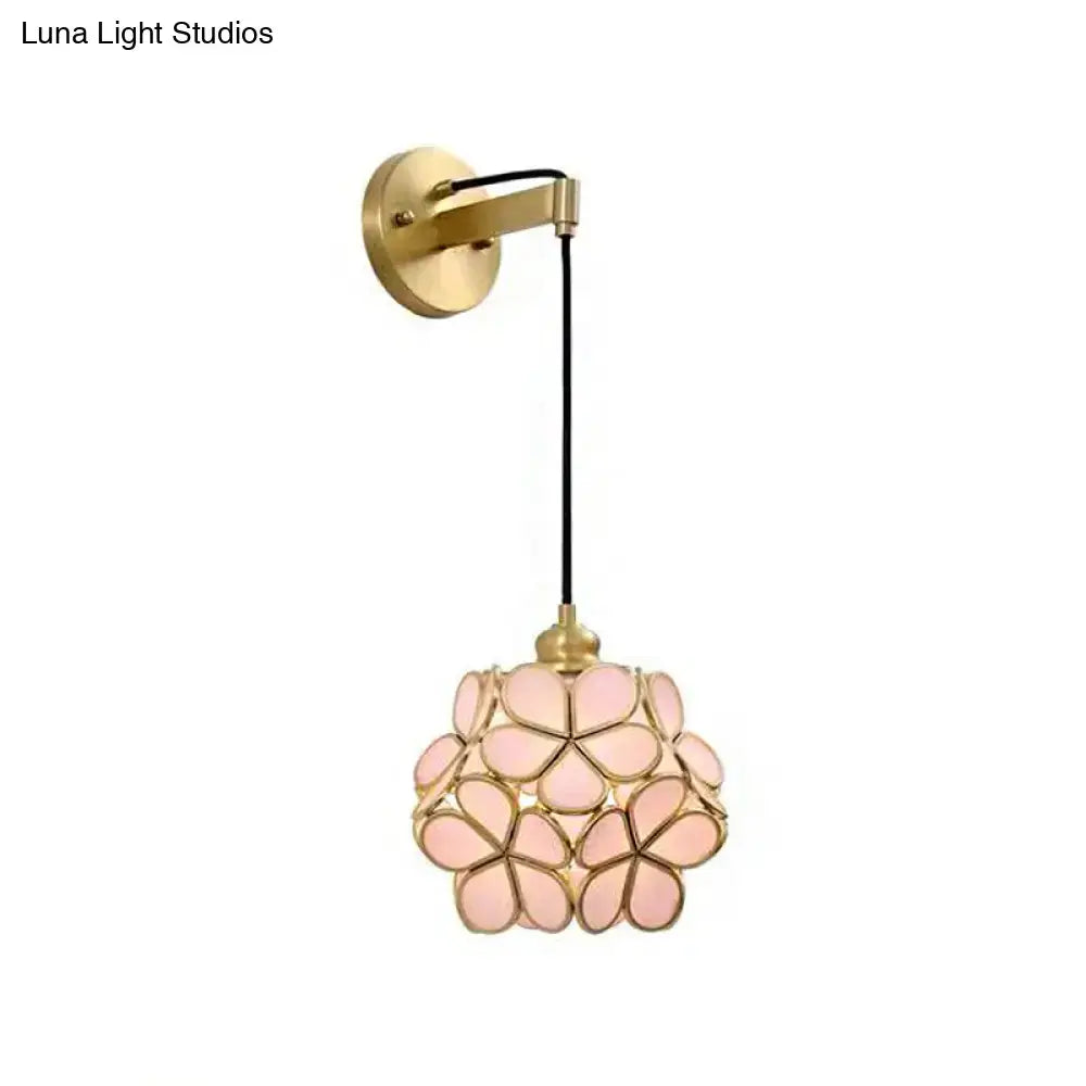 Modernist brass floral glass bulb bedside sconce light pink & clear
