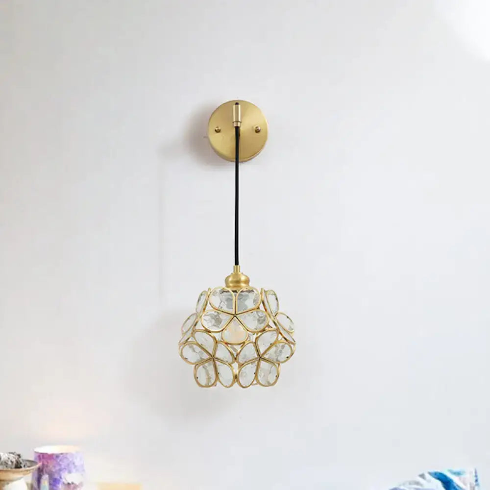 Modernist brass floral glass bulb bedside sconce light pink & clear