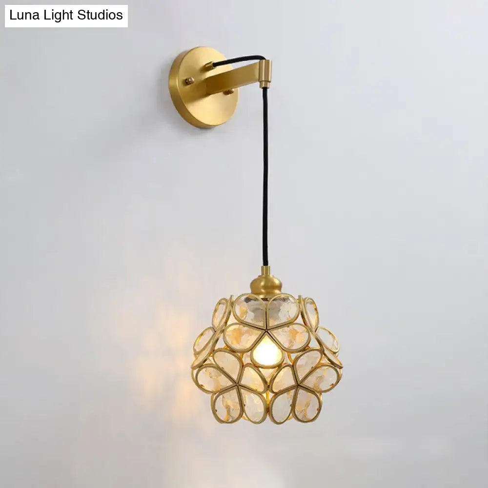Modernist brass floral glass bulb bedside sconce light pink & clear